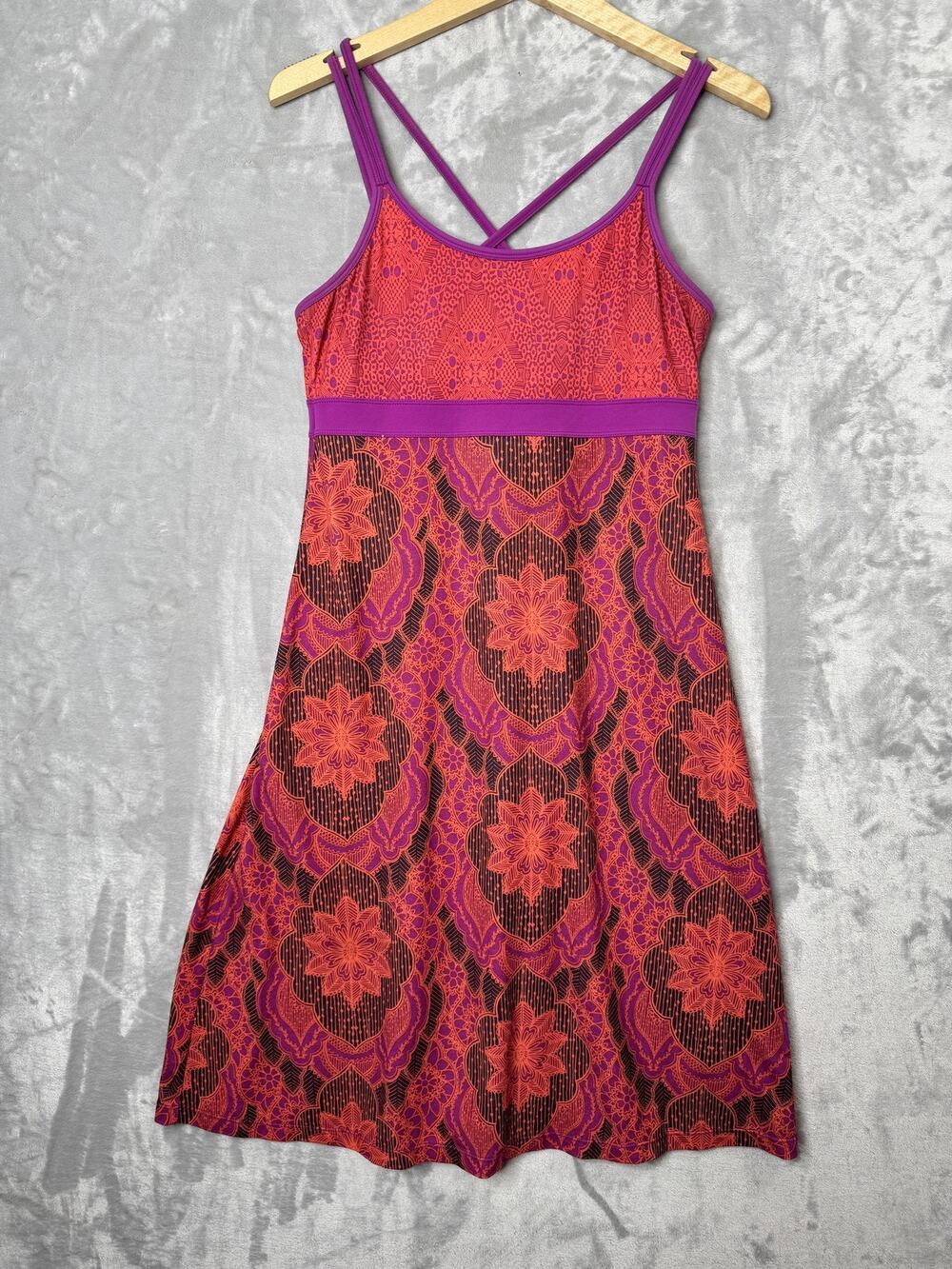 prAna Ambrosia Dress Womens Small Purple Red Geometric Floral Strappy Summer